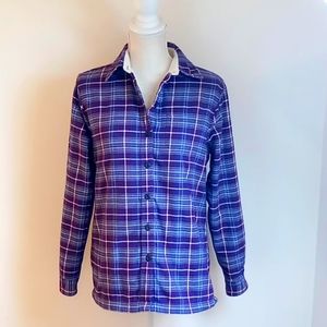 L.L.Bean Women's Sherpa Fleece lined Purple Plaid Button Front Shirt Size XXS